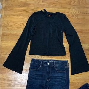 American Eagle black bell sleeve crop top